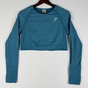 GymShark Vital Crop Top Womens XL Blue Marl Long Sleeve Seamless Stretch B1A3D